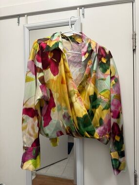 Zara Multicolor Satin Floral Print Blouse - Yellow, Pink, Green